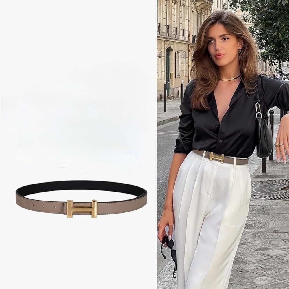 Designer-Inspired Taupe Reversible Belt with Gold 'H' Buckle